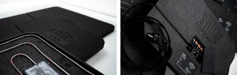 Rückseite des Heizmoduls mit offenem Elektronikfach. Der Anschluss zwischen den Modulen erfolgt mit Wago-Klemmen. Das Modul hat einen Standard-Netzstecker.