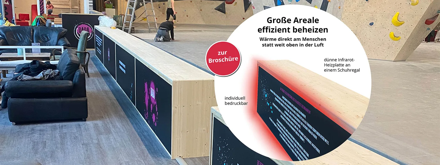 Boulderhalle mit beheizter Sitzecke. Link zur Broschüre Großflächenheizungen
