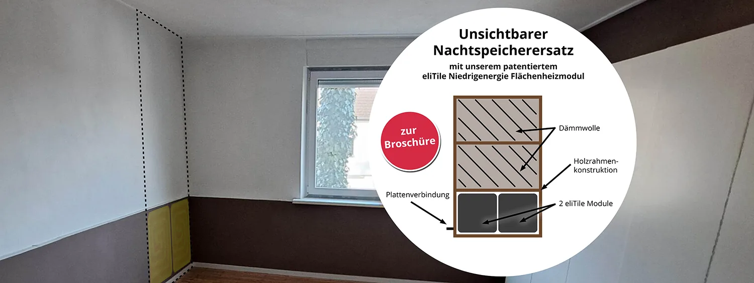 Raum, in dem die Heizmodule unsichtbar in den Wänden verbaut sind. Link zur Broschüre Nachtspeicherersatz