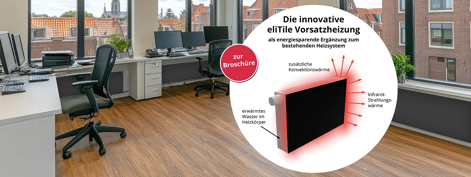 Großraumbüro, in dem über den Heizkörpern die eliTile Vorsatzheizungen angebracht sind. Link zur Broschüre Vorsatzheizung