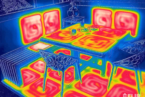 Infrarot-Aufnahme der Outdoor-Lounge: Die Heizelemente befinden sich im Boden, in der Tischfläche, in den Bänken und in den Wänden. 